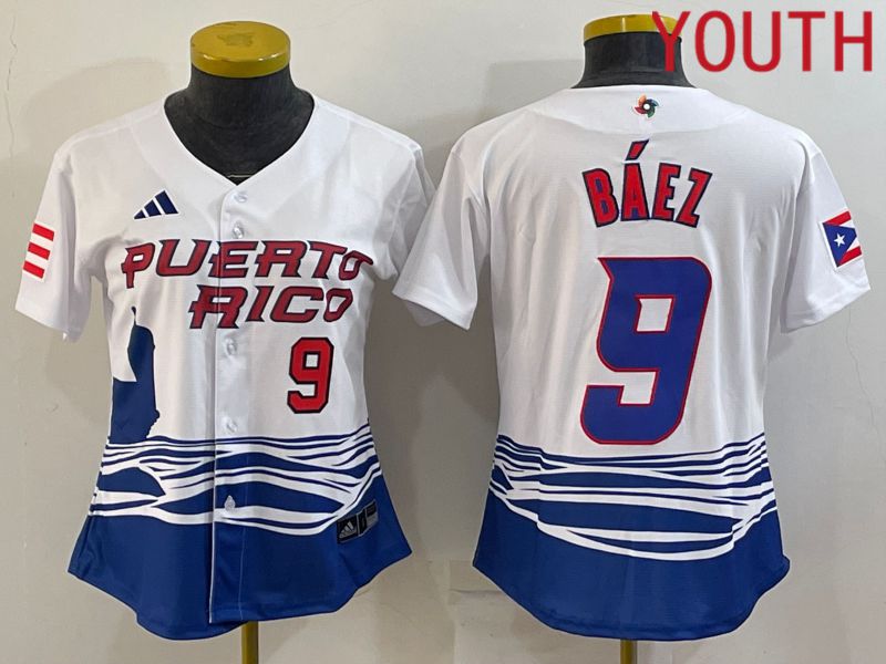 Youth 2023 World Cub Puerto Rico 9 Baez White MLB Jersey2